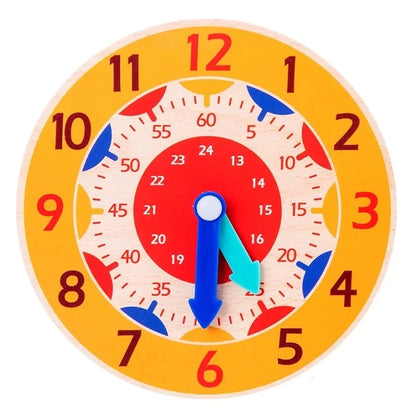 Yellow-orange Montessori wooden learning clock with blue minute and hour hands
