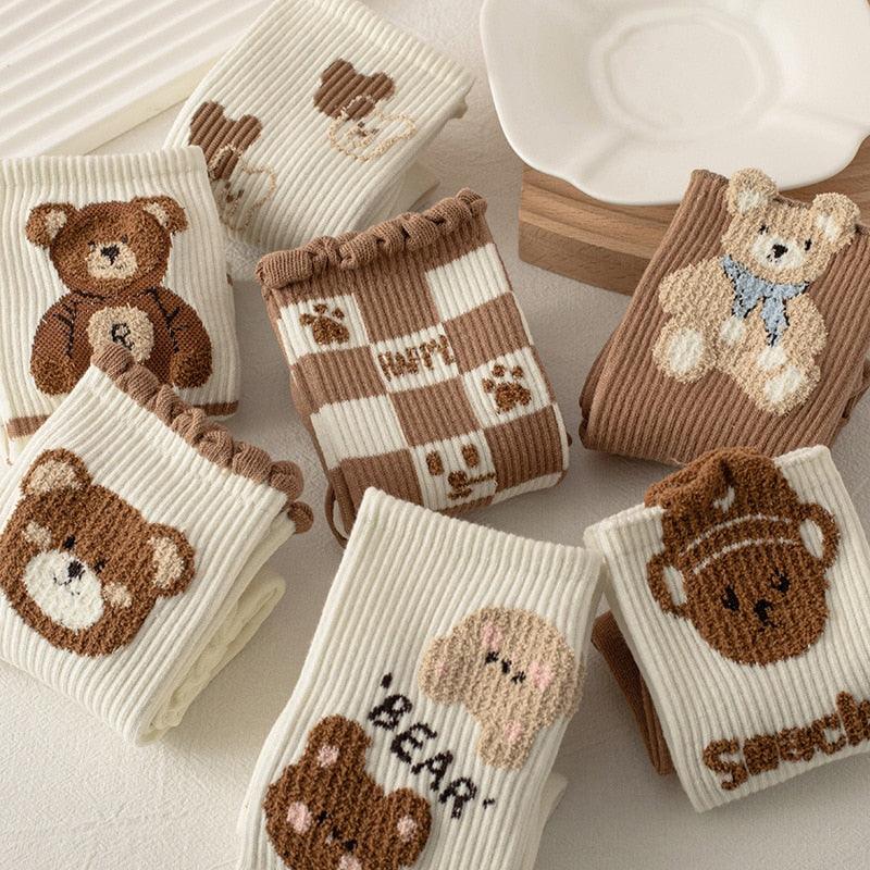 Teddy bear crew socks set in cream and brown, with bear portraits on rib knit