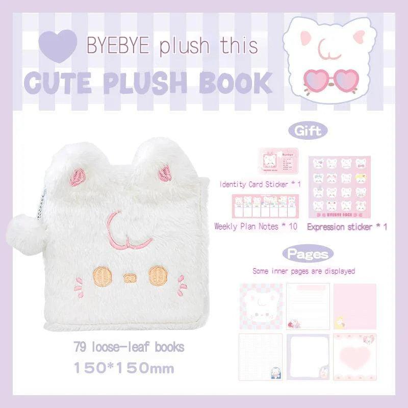 White plush cat notebook with fuzzy cover and stitched smiling face