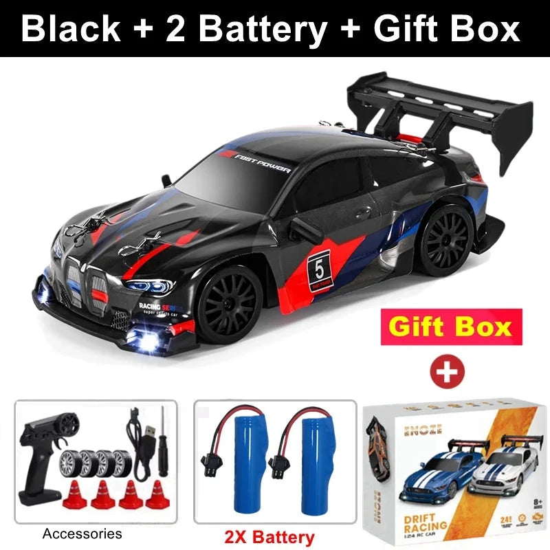 Black RC drift racing car with red side panel and black rear wing, 4x4 off-road style
