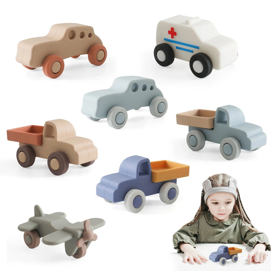 Silicone Baby Vehicle Toy – Soft Push-Along Truck, Car, Ambulance & Plane | Food-Grade BPA-Free | Montessori Teether | 0–12 Months Baby Gift