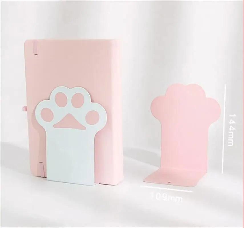 Cat paw bookends, light pink and white paw-cutout designs, two-piece set