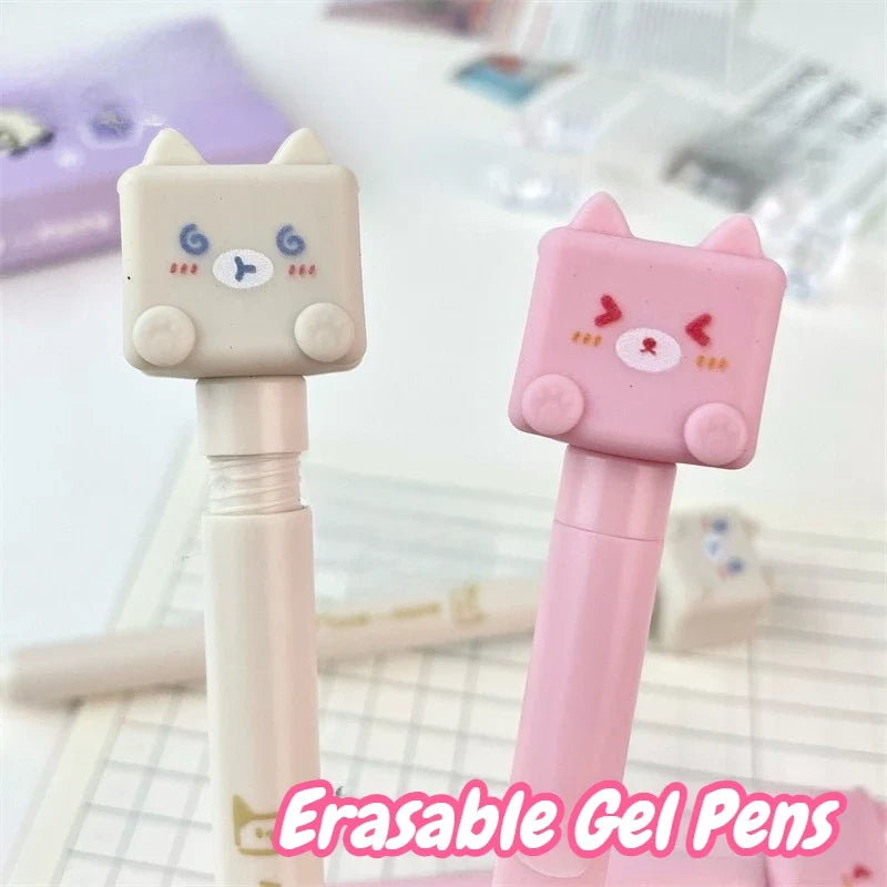 Kawaii Cat Erasable Gel Pens – Cute 4-Piece Stationery Set | Blue Erasable Ink
