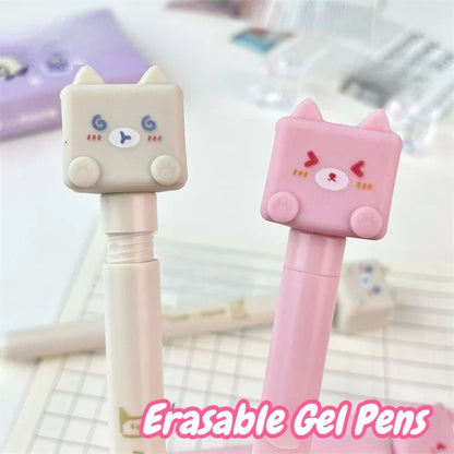 Kawaii Cat Erasable Gel Pens – Cute 4-Piece Stationery Set | Blue Erasable Ink