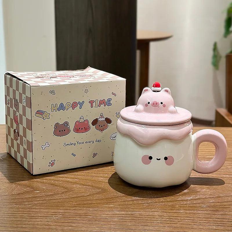 Ceramic animal pudding mug with pink pig lid, cream body and pink handle