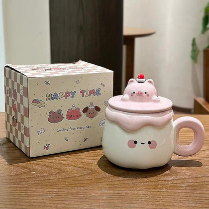 Ceramic animal pudding mug with pink pig lid, cream body and pink handle