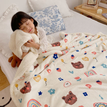 Lamb fleece blanket with animal and flower print and white sherpa edge