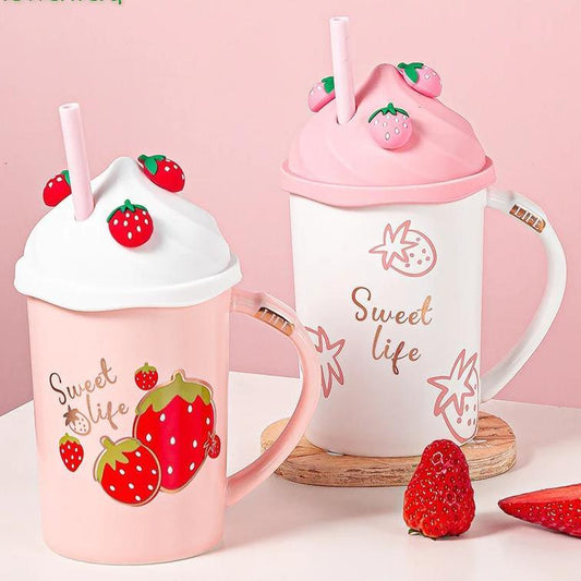 Strawberry themed tumbler mug with lid and straw, pink handle, Sweet life lettering