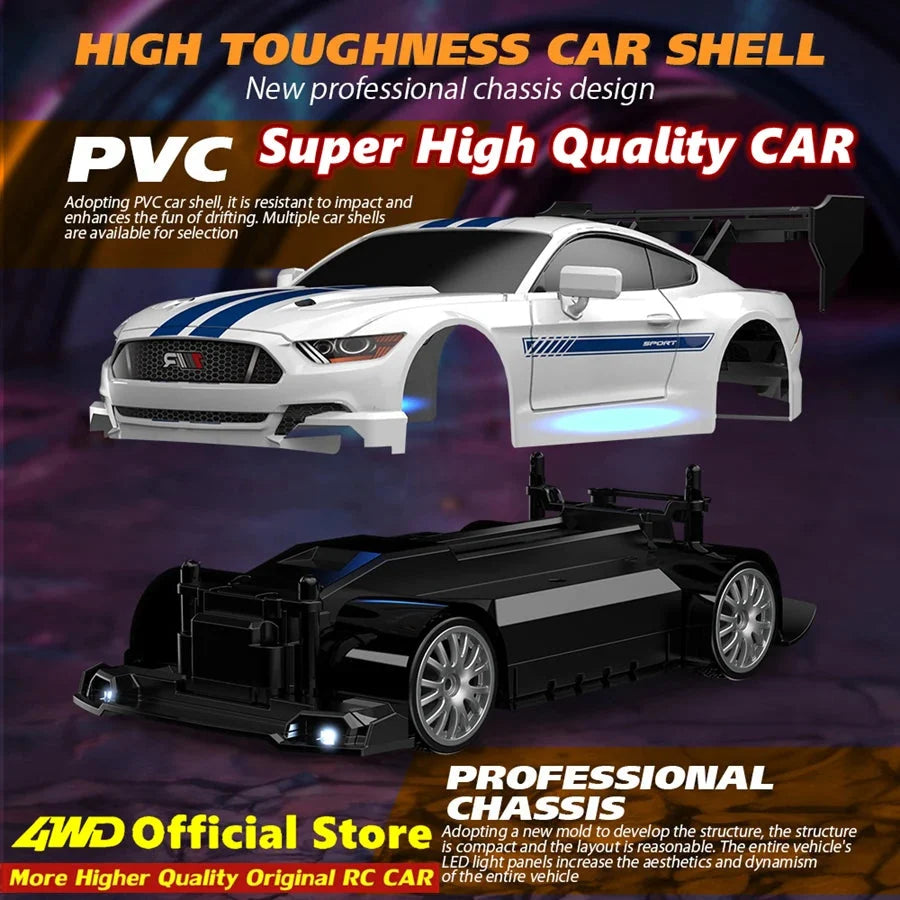 White RC drift car body shell and rolling chassis set with adjustable front and wheels