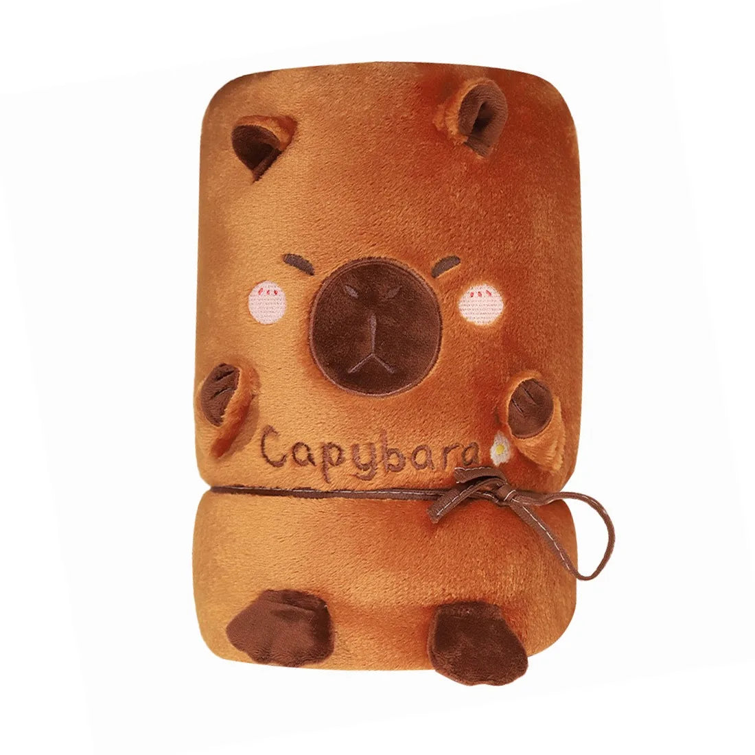 Rolled capybara blanket pillow, orange plush with stitched face, ears, and tie cord.