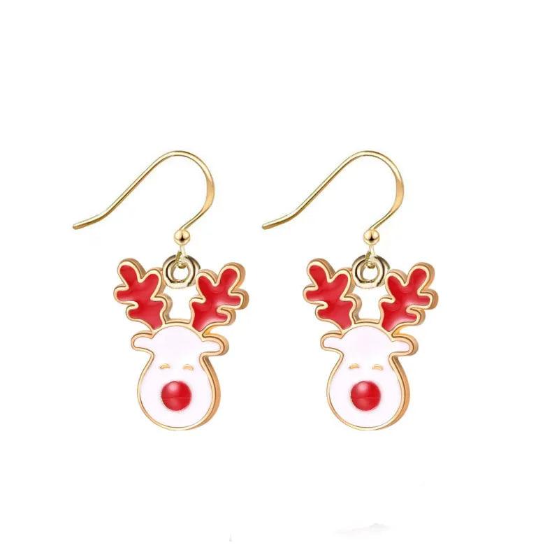 Reindeer face drop earrings with gold hooks, red antlers, and round red nose charm