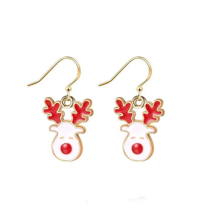 Reindeer face drop earrings with gold hooks, red antlers, and round red nose charm