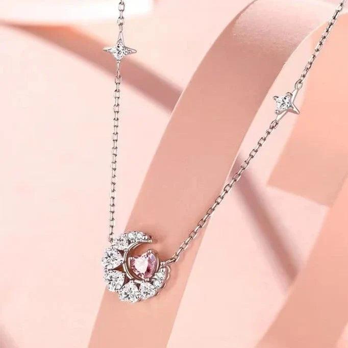 Silver-tone chain necklace with pink heart zircon pendant and star charm accents