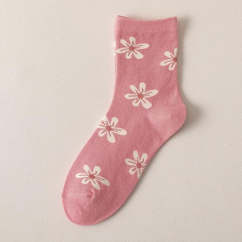 Pink socks with white floral print