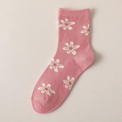 Pink socks with white floral print