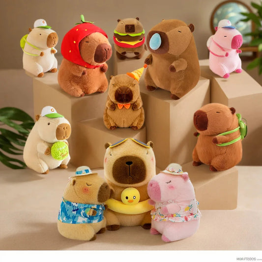 Plush capybara dolls with colorful outfits and hats, assorted styles and accessories