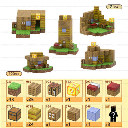 Wooden building block set with small accessory pieces and cube components