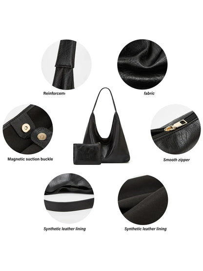 Black shoulder tote bag detail set: magnetic buckle, smooth zipper, reinforced strap
