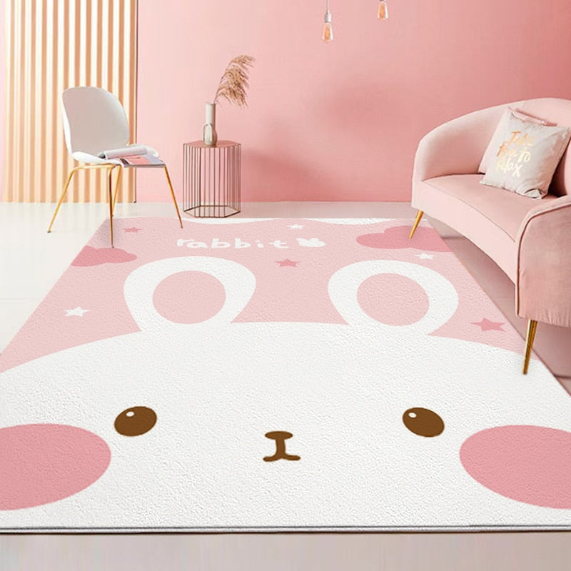 Rabbit area rug, pink-and-white bunny face with stars and heart accents