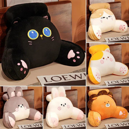 Set of animal reading pillows in black, white, and orange plush with cute faces