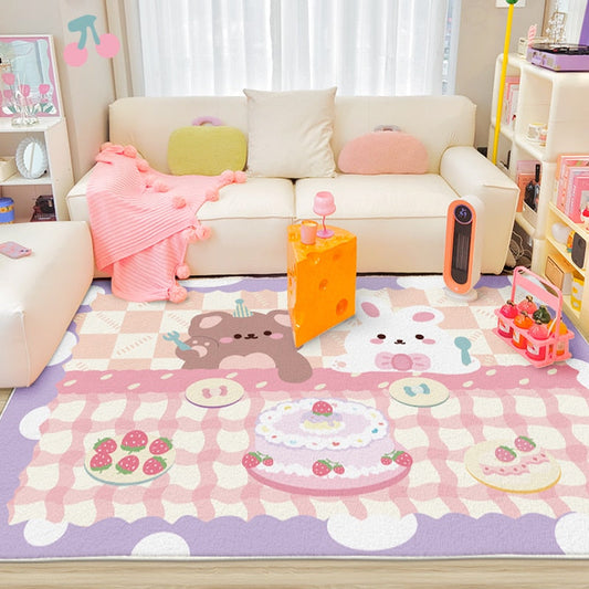 Pastel plush area rug with cute animal and floral heart pattern, pink and purple