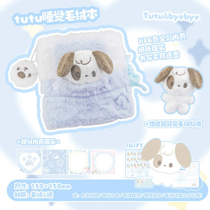 Blue plush puppy notebook package with fuzzy cover and brown-and-white plush dog character