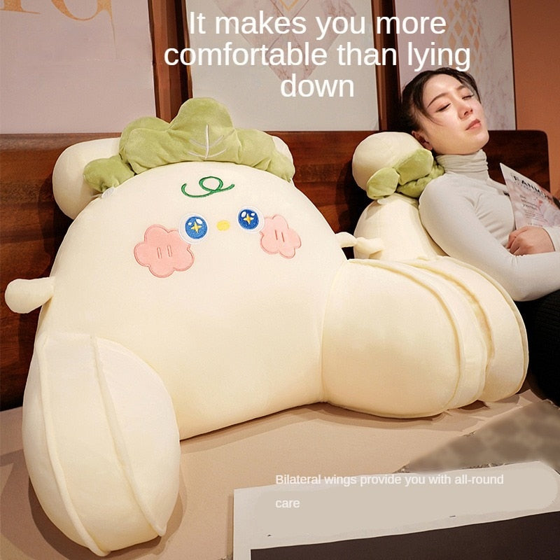 Cabbage-shaped reading pillow, cream cushion with green leaf top and embroidered face