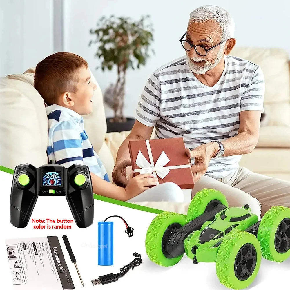 Green RC stunt car with 2.4G remote controller and rechargeable battery