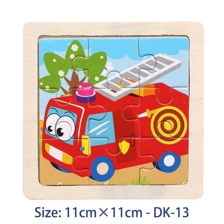Kids wooden jigsaw puzzle with red cartoon fire truck illustration, 11cm x 11cm