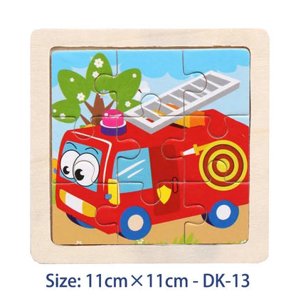 Kids wooden jigsaw puzzle with red cartoon fire truck illustration, 11cm x 11cm