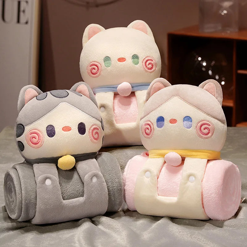 Cat pillow blanket set with three plush rolls in light grey and white/pink tones