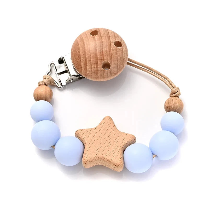 Baby pacifier clip teether chain with wooden star and pale blue silicone bead ring
