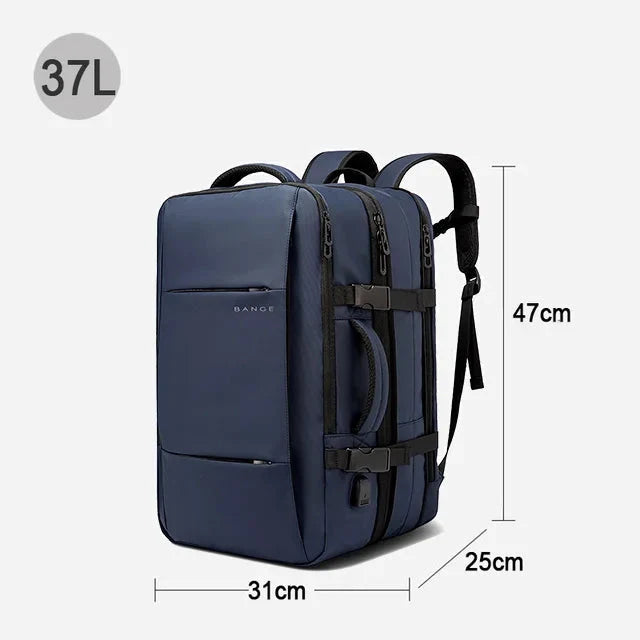 Expandable waterproof business backpack, blue, front zip, padded shoulder straps, 37L.