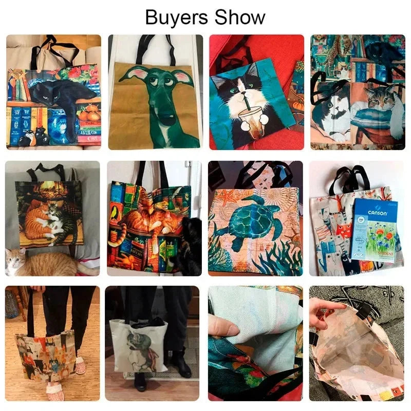 Assorted canvas tote bags with art prints displayed in a grid