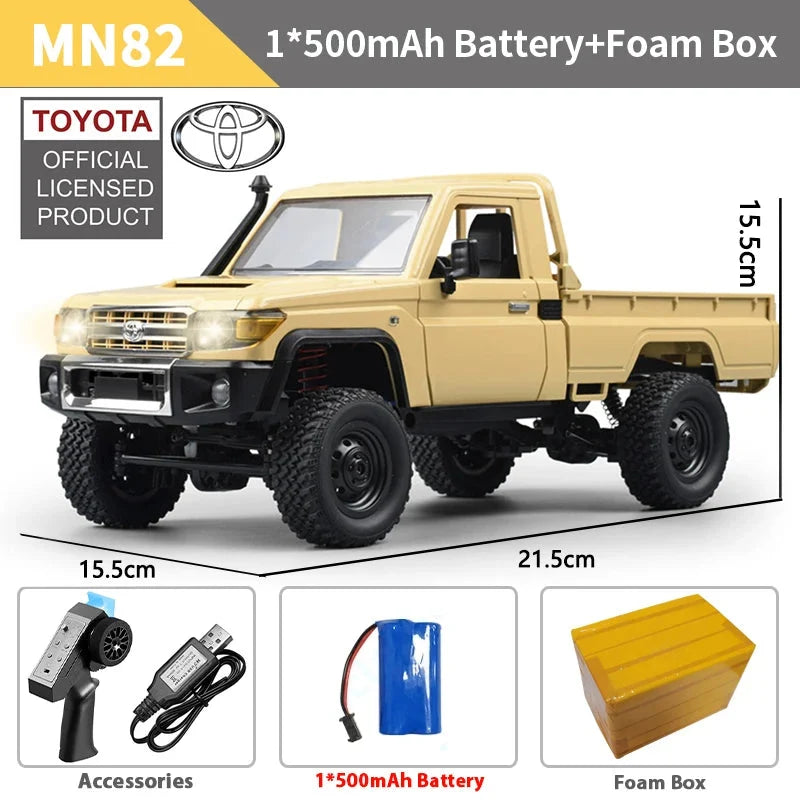 Yellow 1:12 RC off-road pickup truck kit with remote battery and foam box