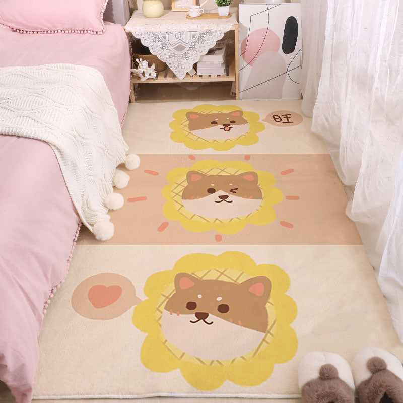 Cute lion and animal face print area rug with yellow flower shapes on beige.