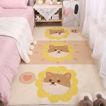 Cute lion and animal face print area rug with yellow flower shapes on beige.