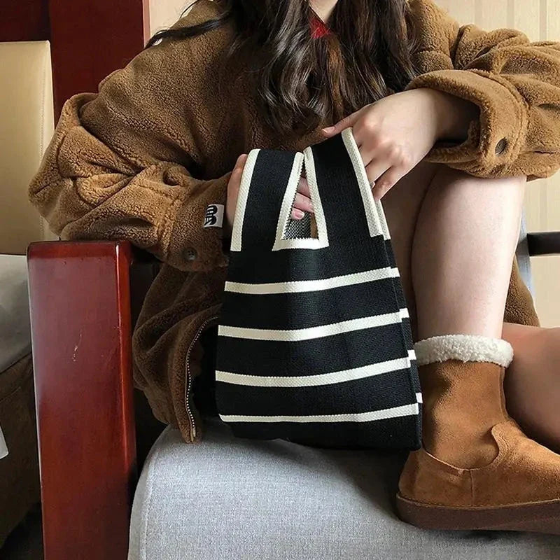 Handmade knitted mini tote handbag, khaki and white horizontal stripes with top handle