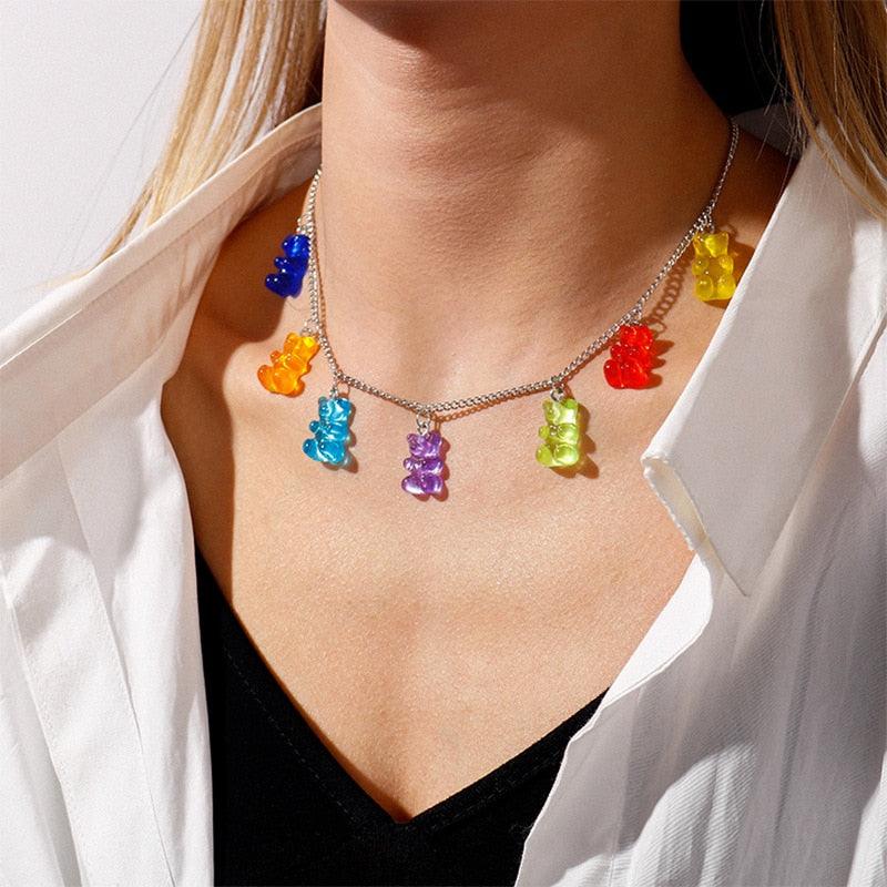 Colorful gummy bear charm necklace with silver-tone chain and five small bear pendants