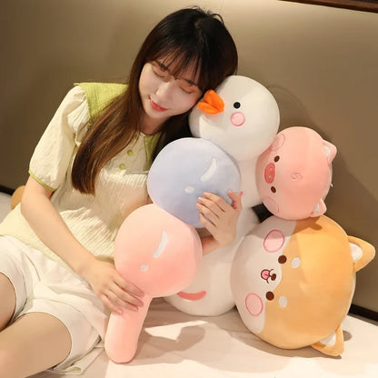 Dango snack animal plush set in white, pink, and orange with smiling faces