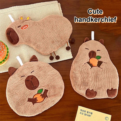 Capybara cotton hand towel with hanging loop, plush bear-like face and carrot embroidery