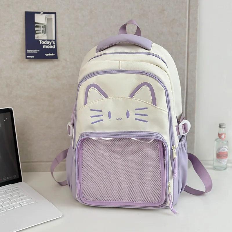 Purple and cream mini cat-ear school backpack with mesh front pocket and cat face