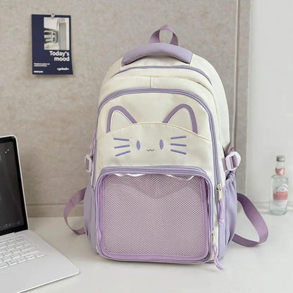 Purple and cream mini cat-ear school backpack with mesh front pocket and cat face