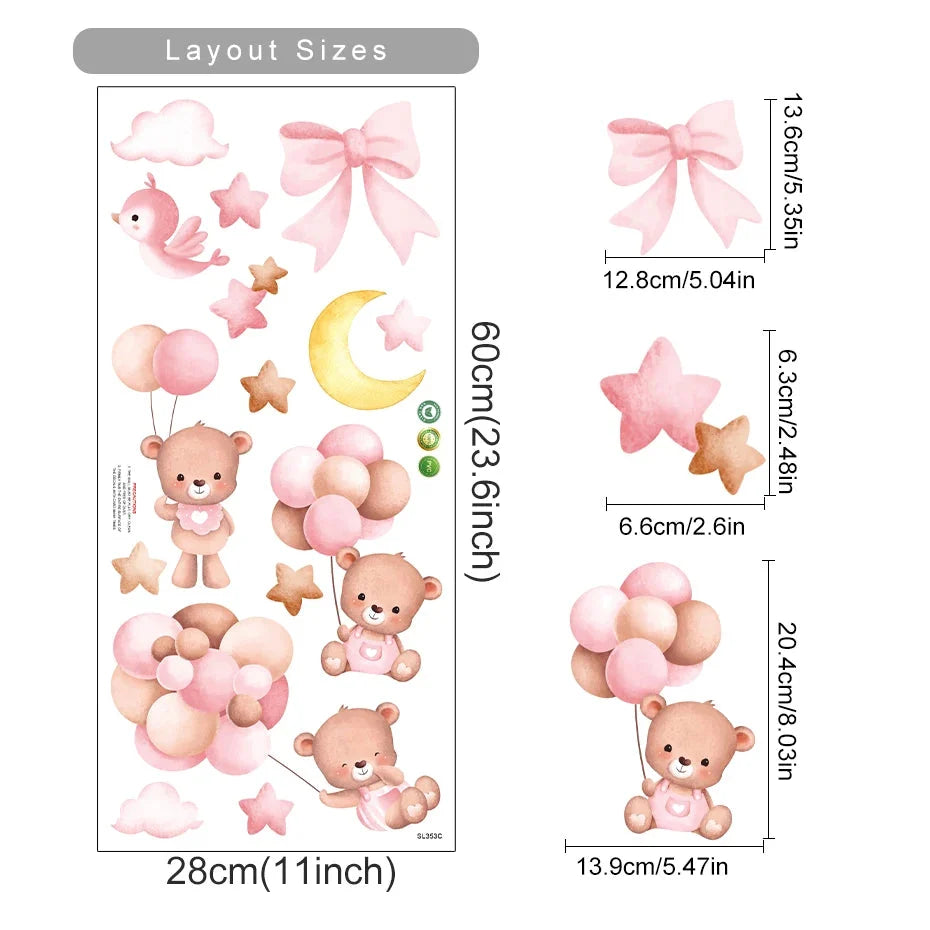 Kids & Nursery Wall Stickers – Watercolour Bears, Hearts & More | Self-Adhesive Peel & Stick | Nursery, Bedroom & Playroom Decor