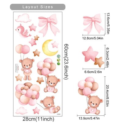 Kids & Nursery Wall Stickers – Watercolour Bears, Hearts & More | Self-Adhesive Peel & Stick | Nursery, Bedroom & Playroom Decor