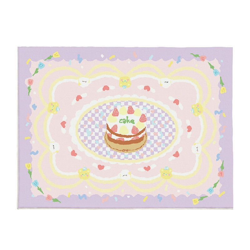 Pastel lilac area rug with central cake, rainbow loops, and small animal character figures