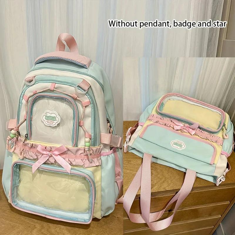 Pastel backpack and tote set, mint and pink with cloud patch and bow ruffle details