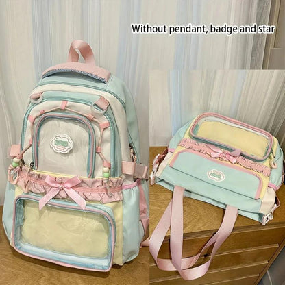 Pastel backpack and tote set, mint and pink with cloud patch and bow ruffle details
