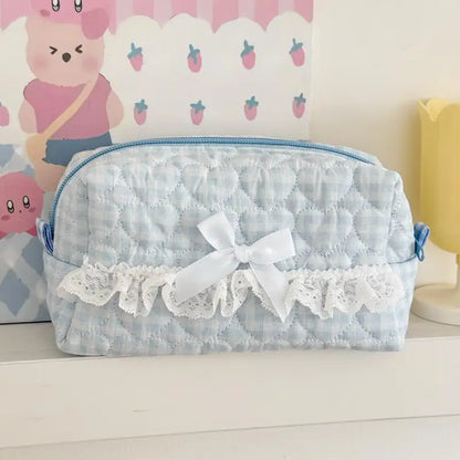 Kawaii Gingham & Lace Pencil Case – Cute Vintage Aesthetic Stationery | Pink & Blue
