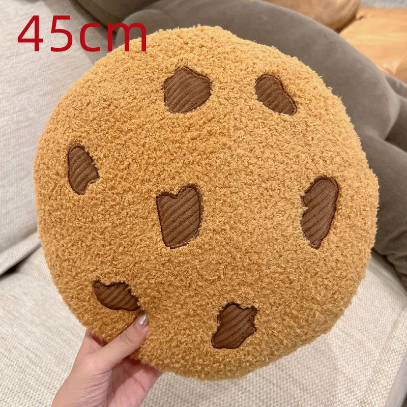 Tan round cookie plush pillow, 45cm, with brown stitched chocolate-chip shapes